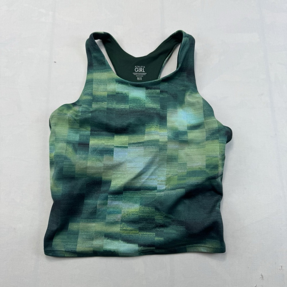 Athleta Girl Green Plaid Watercolor Racerback Tank XL/14
